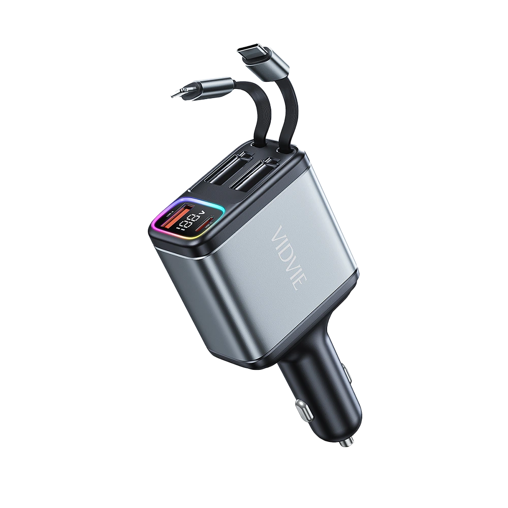 VIDVIE 4 in 1 Fast Charging 60W LED Display Car Charger With Double Extension Retractable Cable